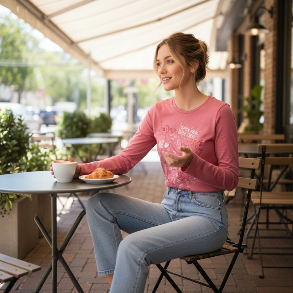 American Eagle “Open for Brunch” Graphic Tee | Size M | Rose Pink Long Sleeve